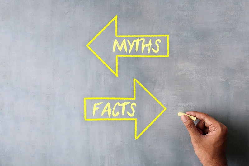 A chalkboard showcasing 'Myths' with a left-pointing arrow and 'Facts' with a right-pointing arrow, illustrating AmeriEstate's commitment to dispelling misconceptions.